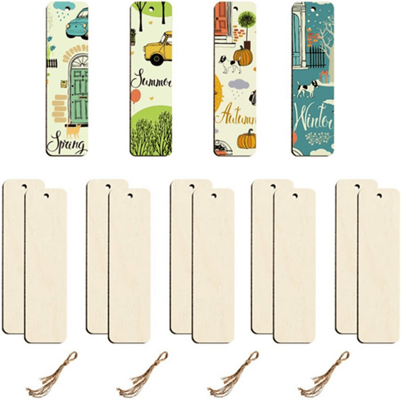 50PCs Wooden Bookmark Blanks DIY Wooden Bookmarks with Jute