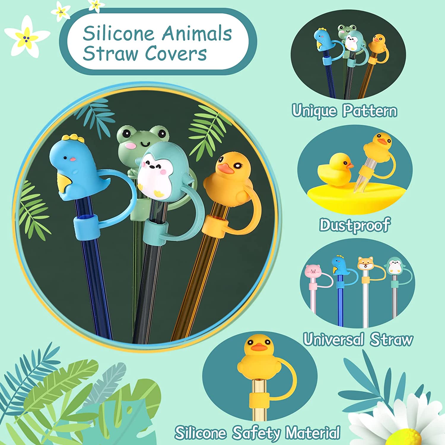 Silicone Straw Covers - Cute Animals | Regular Straw - frog