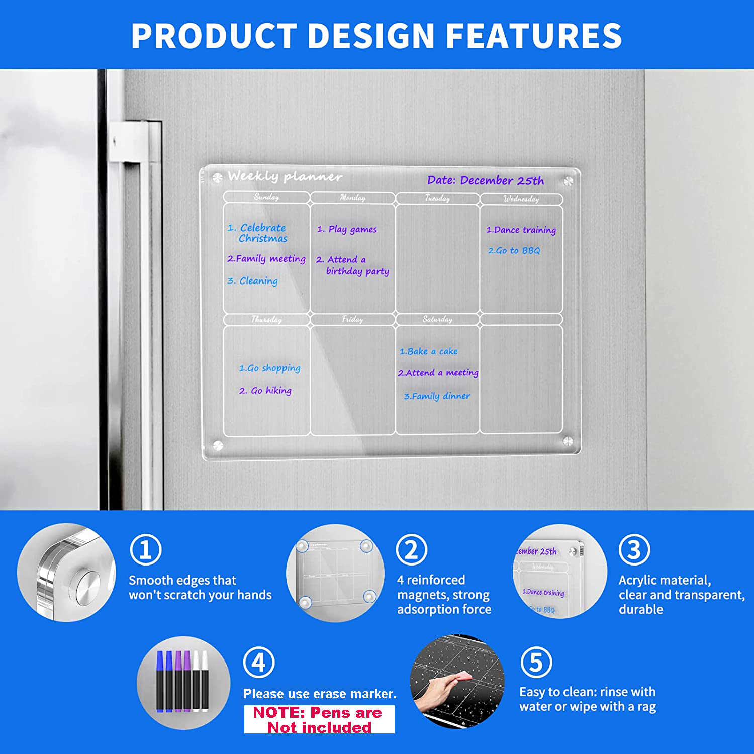 Planificateur hebdomadaire acrylique élégant pour réfrigérateur magnétique