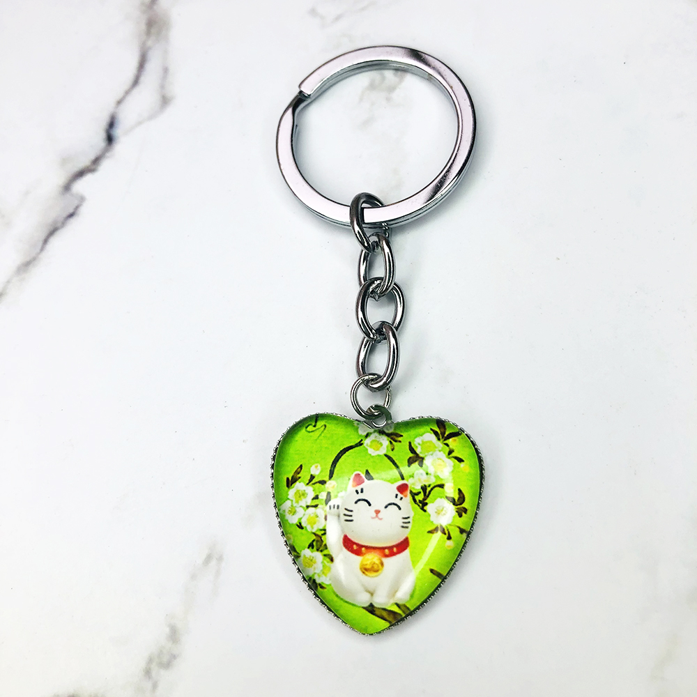 1pc Green And Red Lucky Cat Welcome Cat Pendant Keychain Amulet Glass ...