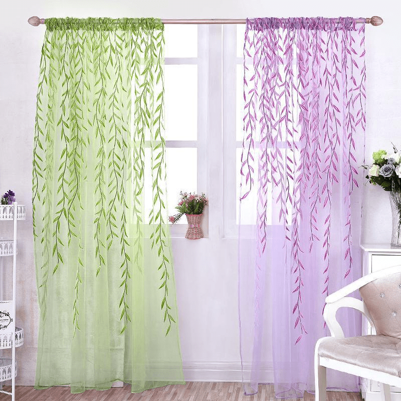 

1pc Leaf Print Green And Purple Sheer Curtain - Soft Tulle Window Treatment For Living Room, Bedroom, Balcony - Elegant Home Decor
