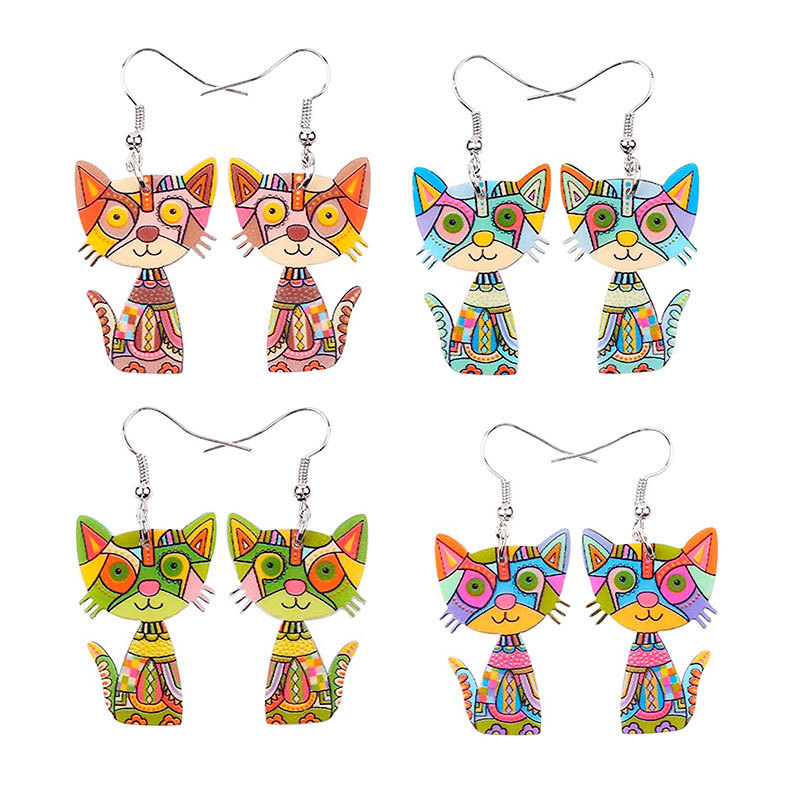 Multicolor Cat Pendant Dangle Earrings, Creative Gift