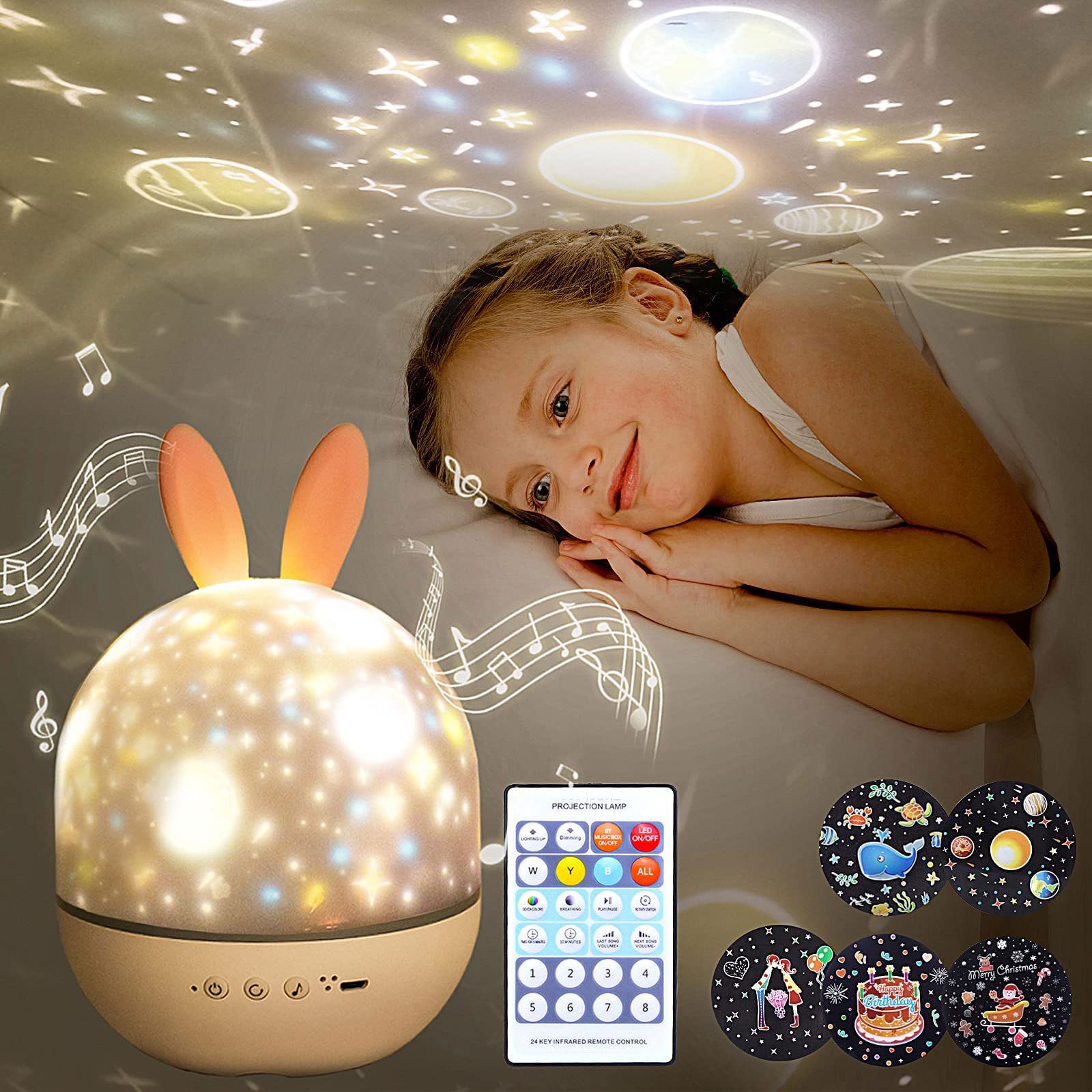 Luz de Noche de estrellas alimentada por USB/batería, lámpara giratoria LED  estrellado cielo con Luna, proyector para cabecera de niños, luz de