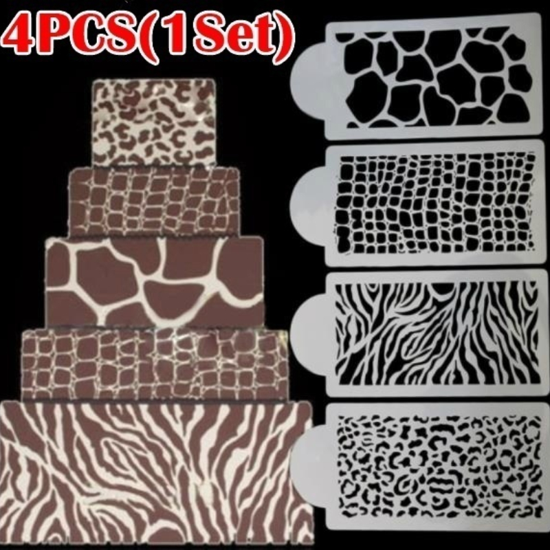 

4pcs, Animals Skin Cake Stencils (10.43''x4.33''), Stencil Molds, Fondant Cake Plastic Template Safari Design Decoration, For Cake Border Decorating,