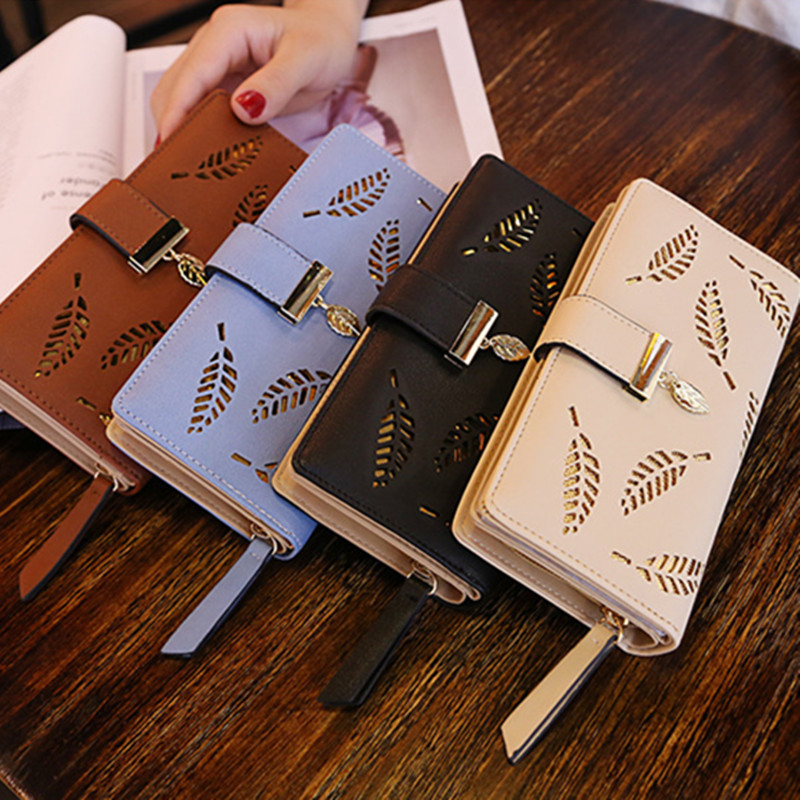 Wholesale latest design Card Holders Clutch PU Purse Female Long Wallet  Gold Hollow Leaves Pouch leather wallet women From m.