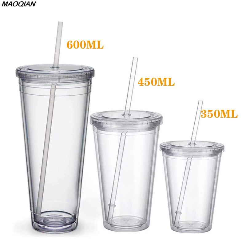 Clear Tumbler With Lid And Straw Reusable Transparent Double-layer
