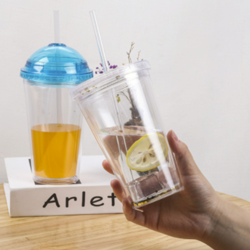 Transparent Straw Double Layer Cup Plastic Reusable Clear Glass Tra