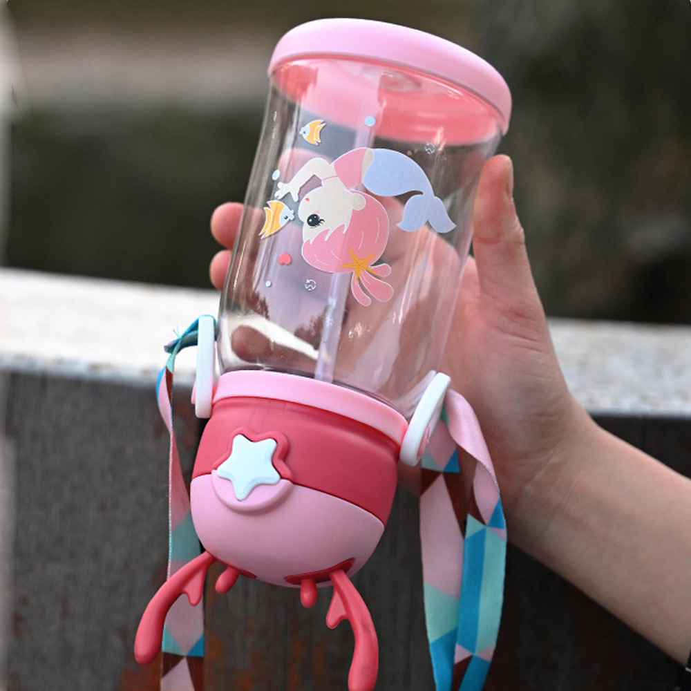 480ML/16.23OZ Kids Cartoon Print Straw Water Bottle Plastic Sippy