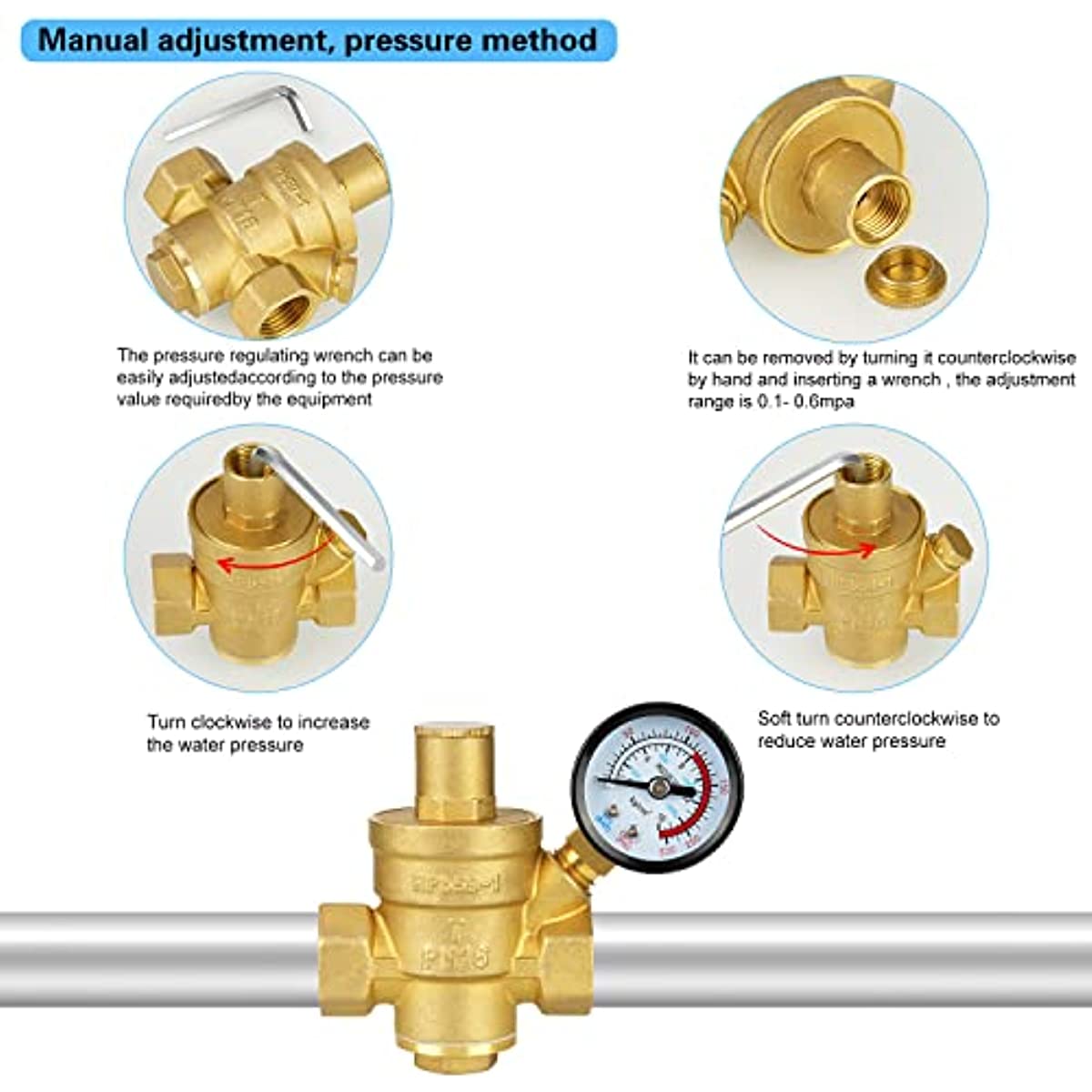 Medidor de presión de agua DN20, reductor regulador de presión de agua  ajustable de latón de 1.6Mpa con medidor de medidor, válvula reductora de