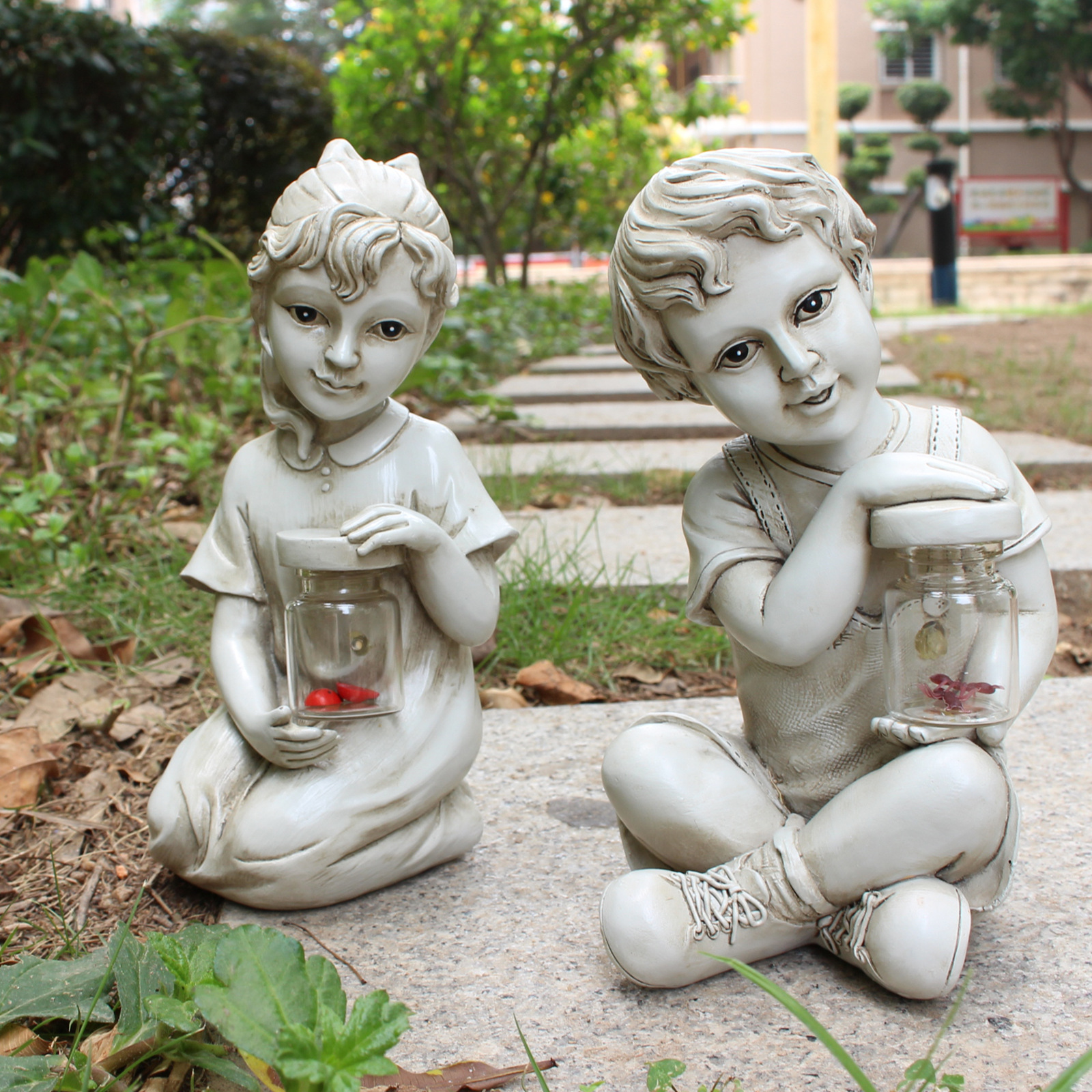 Playing Children Kids Statue Resin Sculpture Ornament for Outdoor Garden  Lawn Decoration Pressure Water 