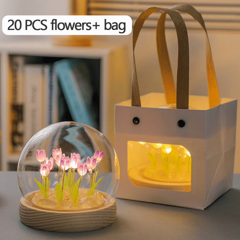 Luz nocturna de tulipán hecha a mano, linda flor para dormitorio, lámpara  LED en cúpula de cristal con adornos de escritorio para dormitorio, hogar