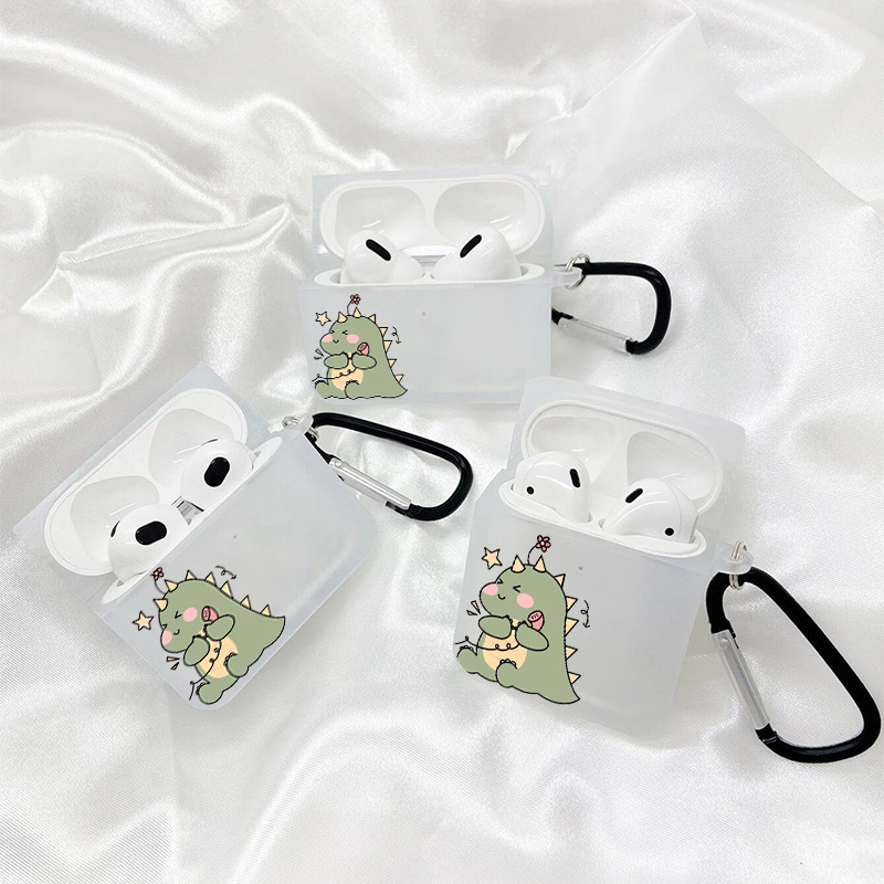 

Cute Dinosaur Green For Answering The Phone Transparent White Square Earphone Case With Hook For Airpods1/2 Airpods 3 Airpods Pro Airpods Pro (2nd Generation)