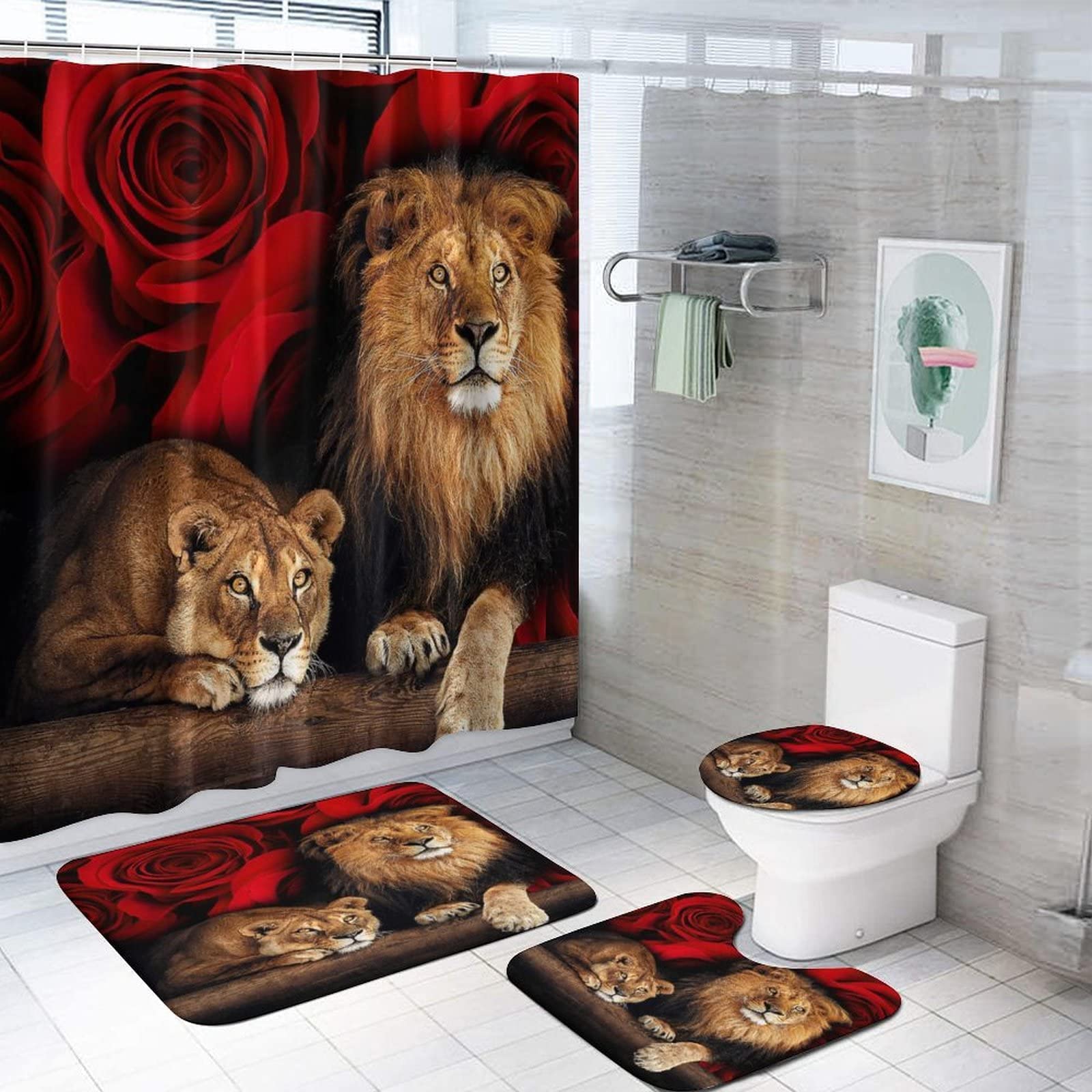 3D Rose Waterproof Shower Curtain Set Toilet Cover Mat Nonslip