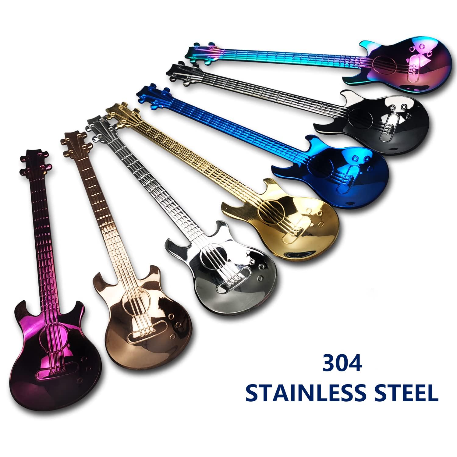 

7pcs Super Cute 304 (18/10) Stainless Steel Guitar Spoons - Creative Colorful Flatware Set For Coffee, Milk, Ice Cream & Candy! For Restaurants/cafe