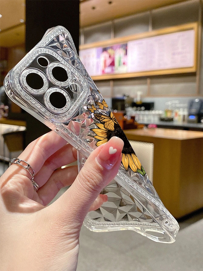 Sunflower 004 Sunflower Surrounding Diamond Lens Clear Shell English *:  Sunflower Bling Transparent Silicone Phone Case for,iPhone14/14P