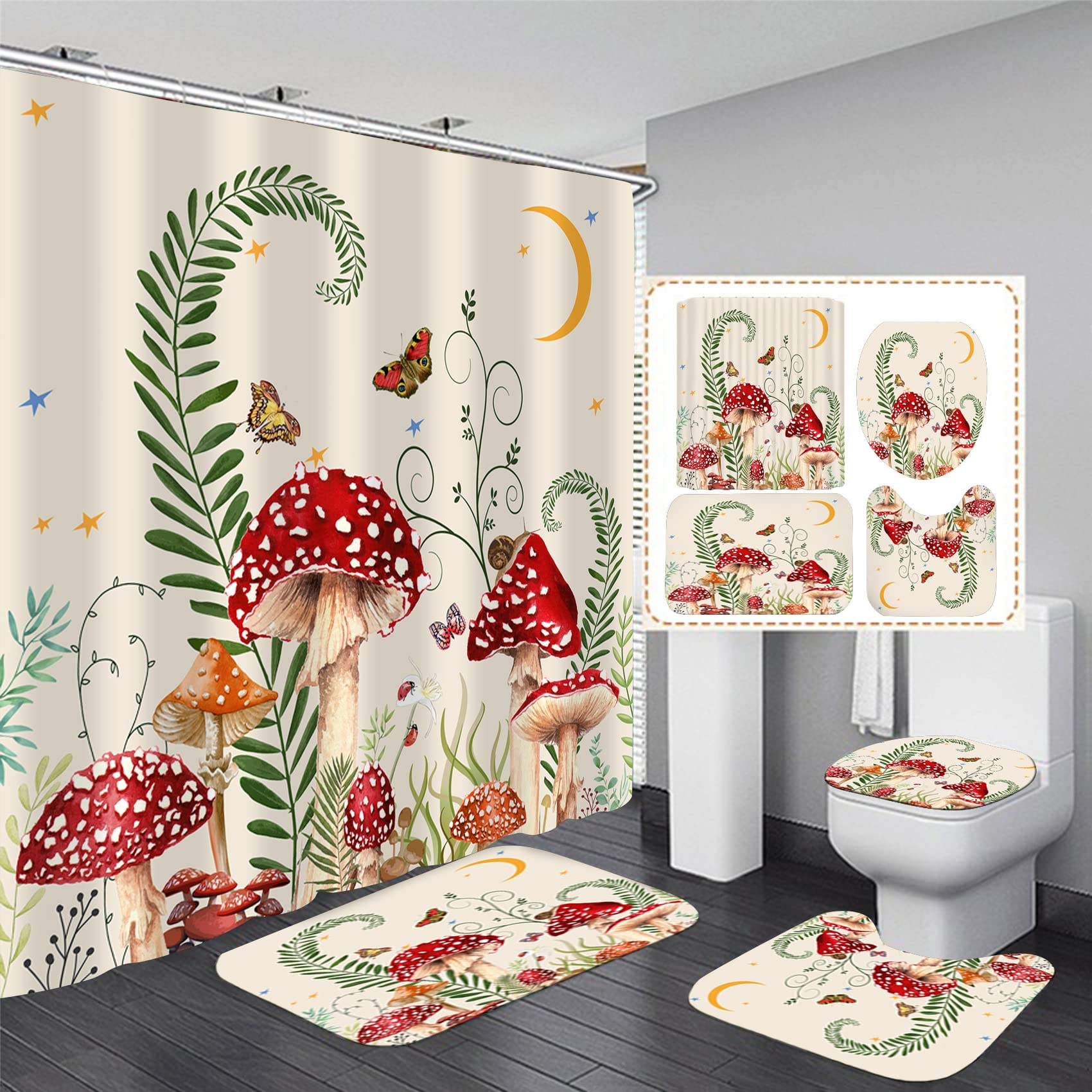 

4pcs Bathroom Sets Rugs Shower Curtain, Mushroom Butterfly Pattern Waterproof Polyester Shower Curtain With Hooks, Non-slip Bathroom Rug, Toilet U-shape Mat, Toilet Lid Cover Pad, Bathroom Decor