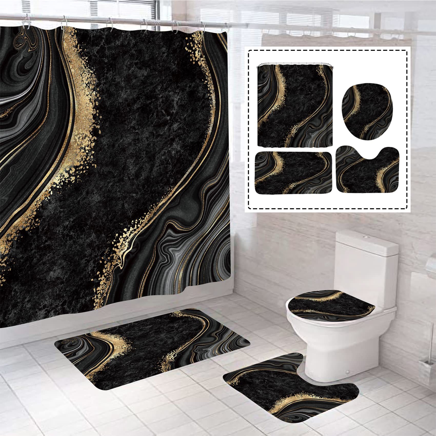 4 Pcs Shower Curtain Set with Toilet Lid Cover Mat Non-Slip Rug Bath Mat and Waterproof Shower Curtains with Hooks American Sports Football Bathroom