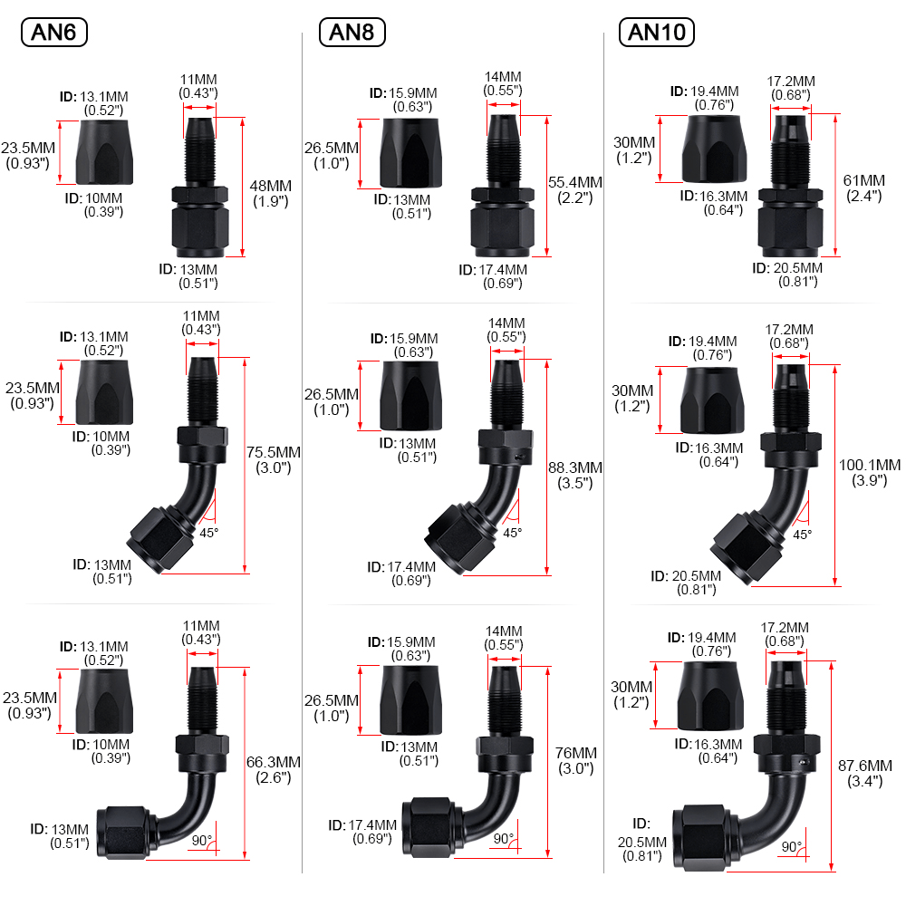 6AN 6-AN All Degrees Angles 0 45 90 180 Universal Aluminum Oil Fuel Water  Fluid Air Line Hose End For Braided Fuel Line Fitting Kit Black (4 Angles)