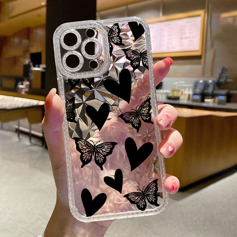 Plain Color Phone Case Iphone Xr Cute Bling Heart Design - Temu