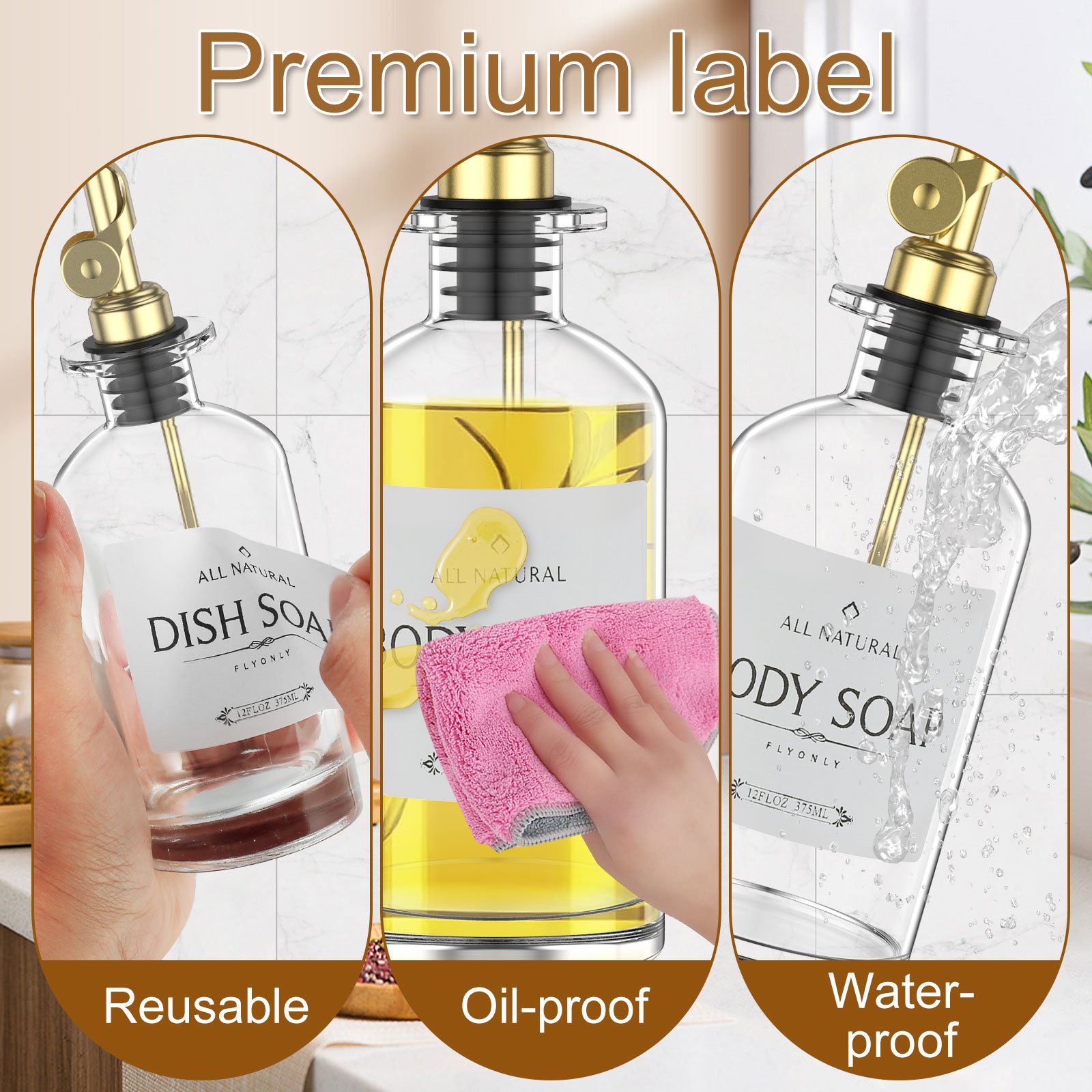 Bottiglie di vetro per olio d'oliva/aceto con etichette dorate da