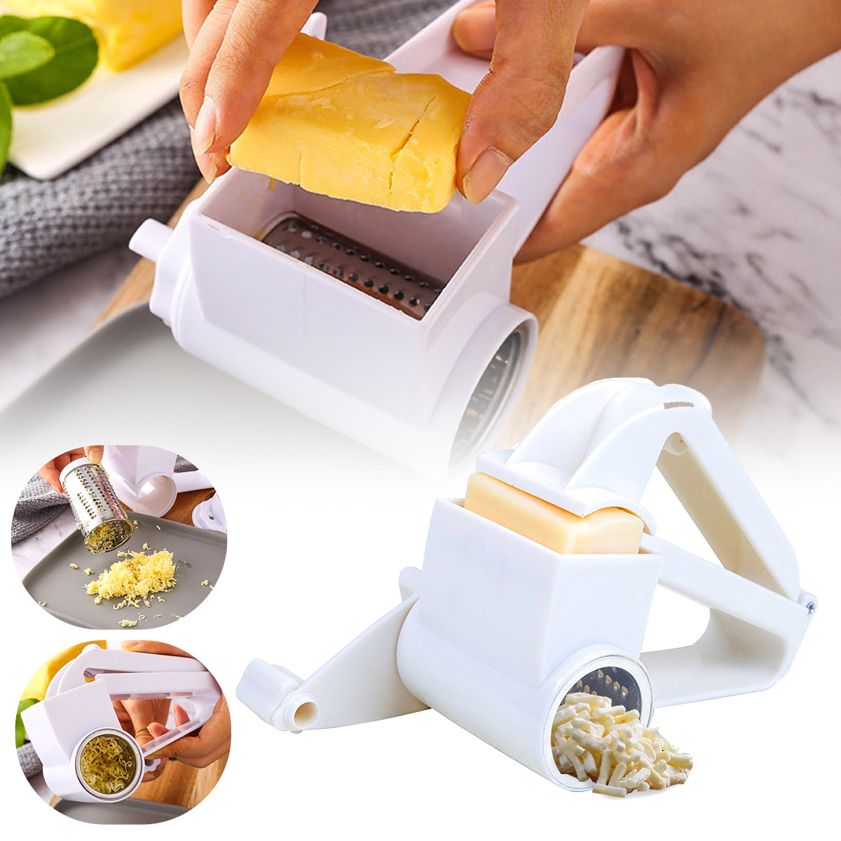 Rotary Cheese Grater with Handle, Rotary Cheese Grater with 3  Interchangeable Drum Cylinders Stainless Steel Manual Handheld Cheese  Shredder for Grating Cheese Vegetable Chocolate Nut Almonds (3-in-1) 