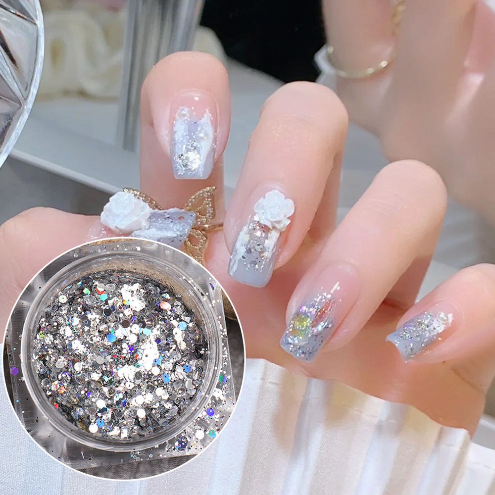 Holographic Nail Glitter Sequins,Nail Art Supplies 3D Sparkly Nail Art  Flakes Hexagon Sequins Champagne Silver Manicure Tips Accessories Design  Nail