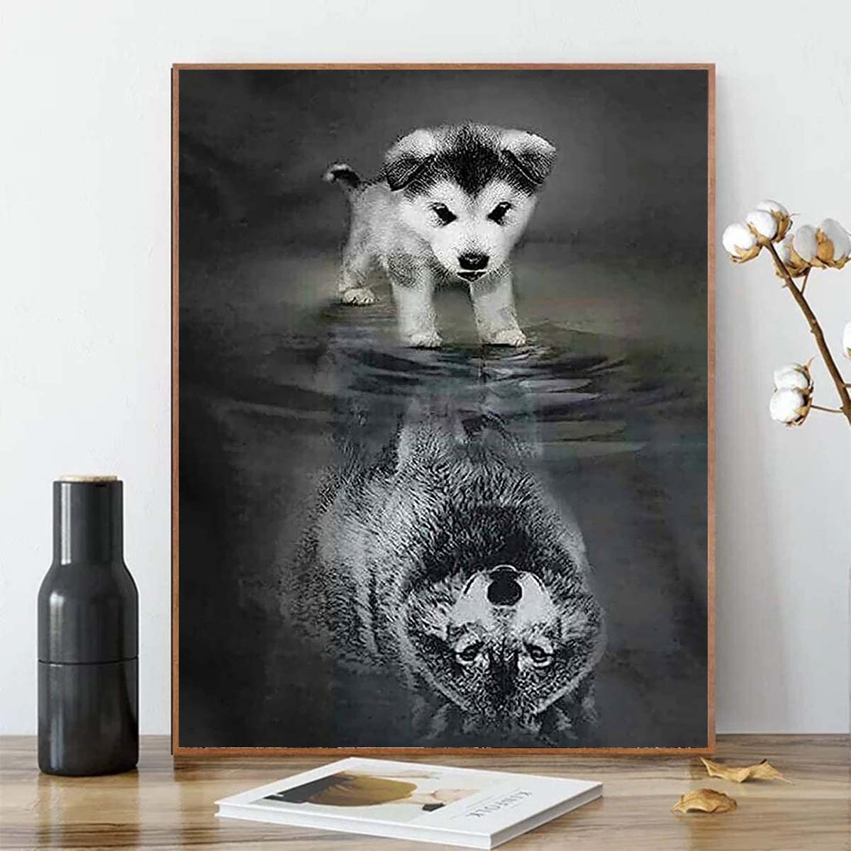 1pc 5D Artificial Diamond Painting Wolf And Dog's Reflections, For Home Decor,7.9x11.8inch,Frameless