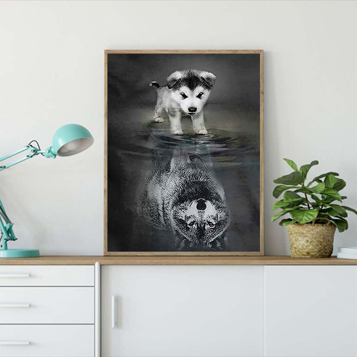 1pc 5D Artificial Diamond Painting Wolf And Dog's Reflections, For Home Decor,7.9x11.8inch,Frameless
