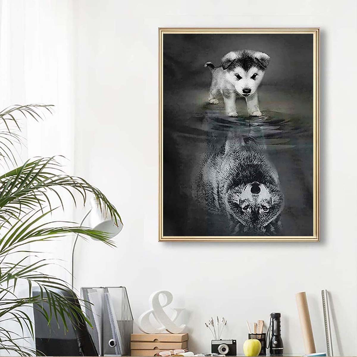 1pc 5D Artificial Diamond Painting Wolf And Dog's Reflections, For Home Decor,7.9x11.8inch,Frameless