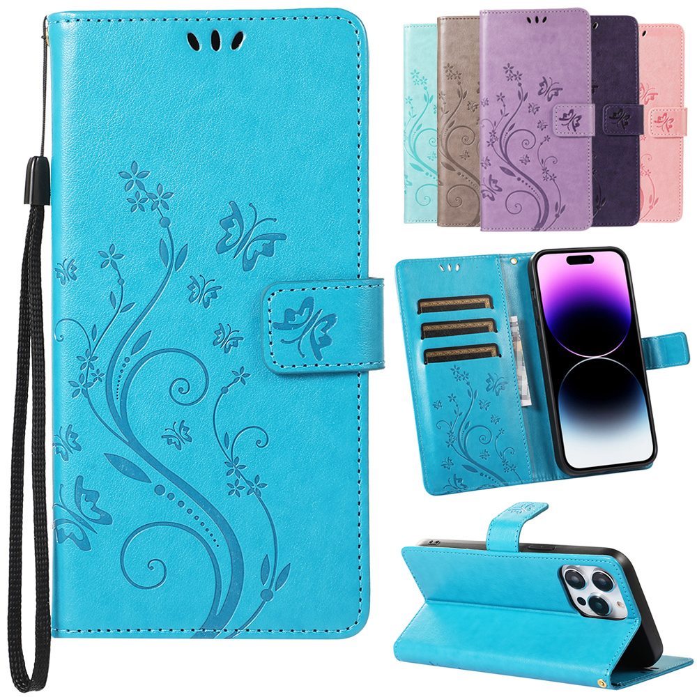 

Butterflies Flowers Pu Leather Flip Phone Case With Card Slots For Iphone 14 13 12 11 Pro Max X Xr Xs Max 8 7 6 6s Plus