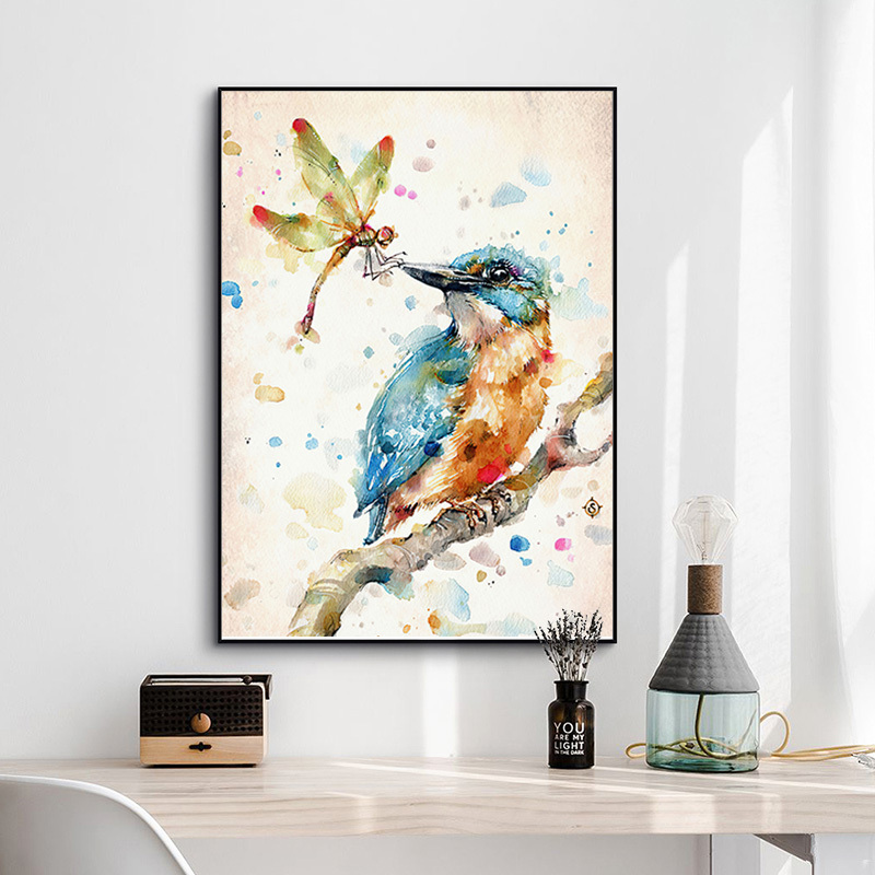 1pc, Aquarelle Oiseau Et Mouche Dragon Toile Murale Art, Peinture