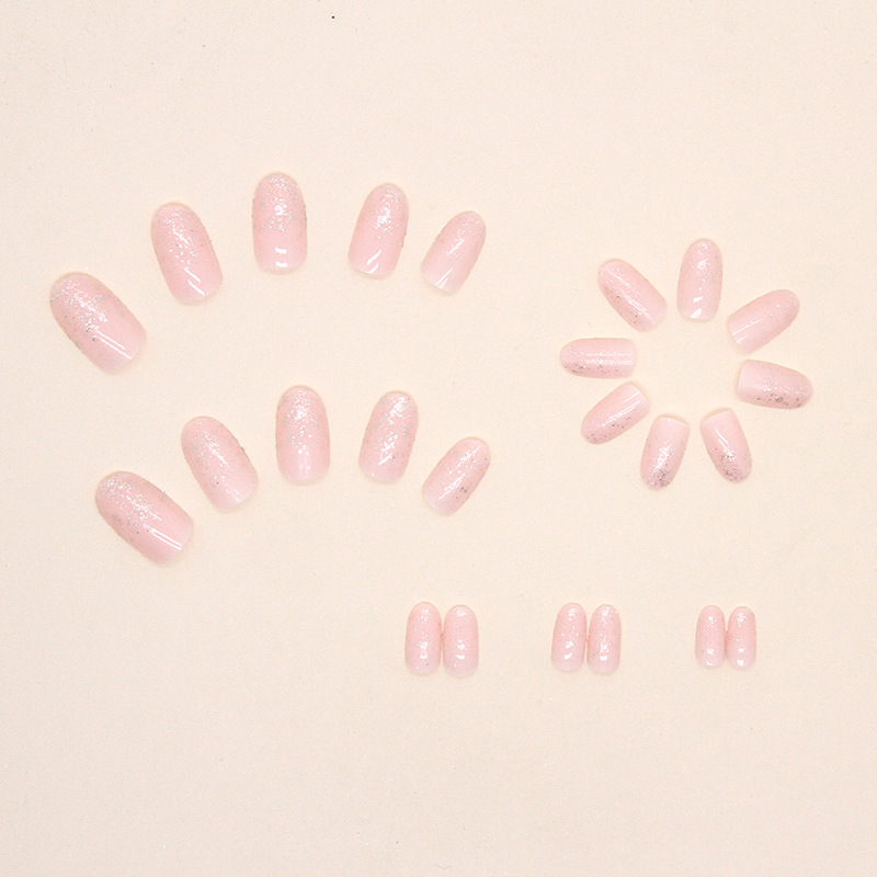 24pcs Glitter Medium Long Press On Almond Shaped False Nails Nude Pink