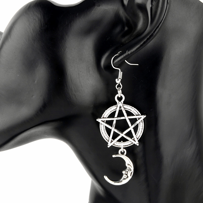 Antique Silvery Crescent Pentagram Moon Drop Earrings