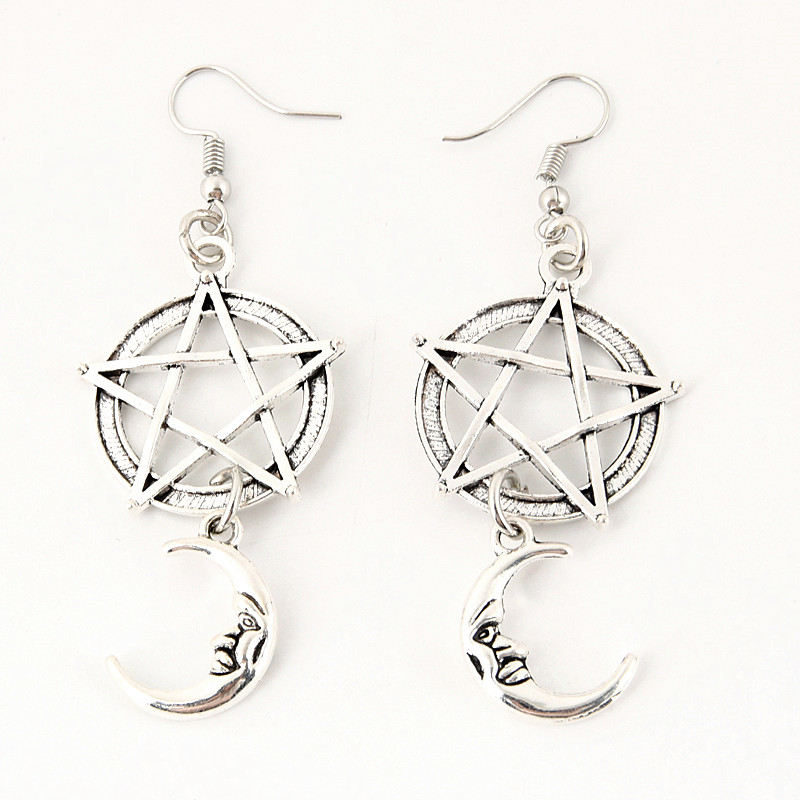Antique Silvery Crescent Pentagram Moon Drop Earrings