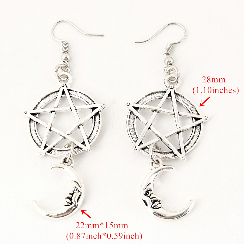 Antique Silvery Crescent Pentagram Moon Drop Earrings