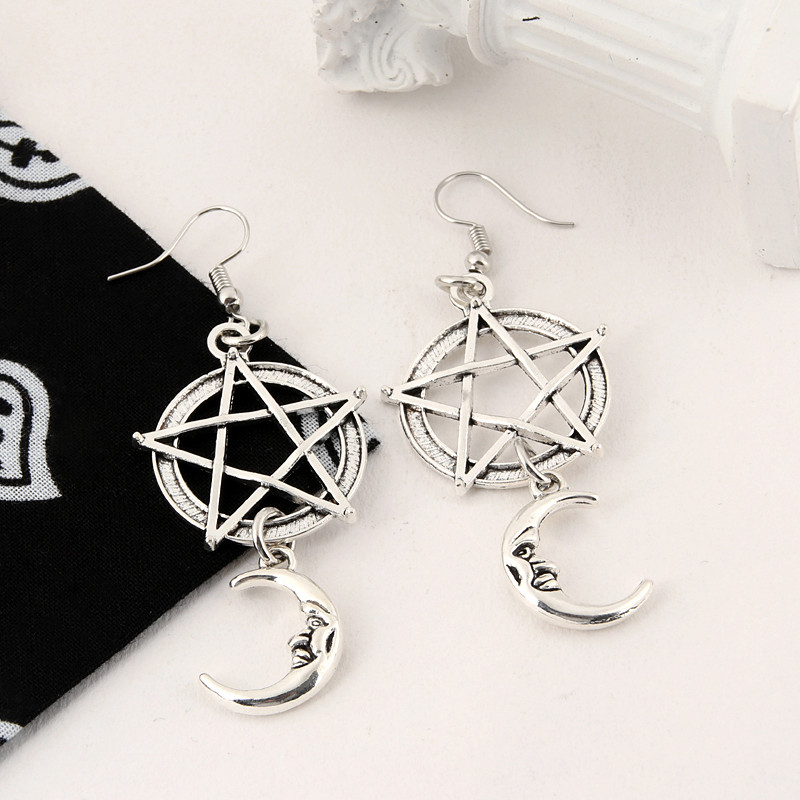 Antique Silvery Crescent Pentagram Moon Drop Earrings