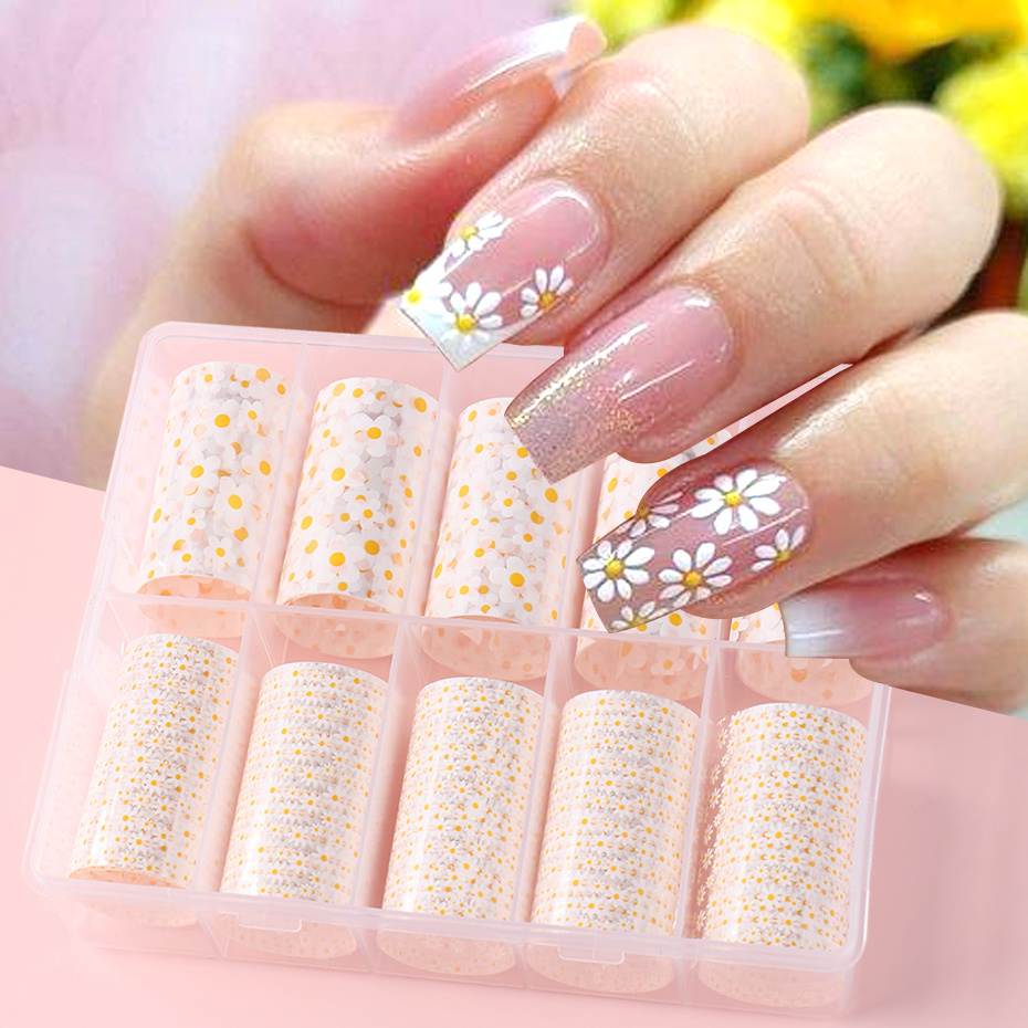 Nail Art Foil Transfer Stickers Small Daisy Flowers White Sun Floral Starry  Sky Nail Decals For Women Acrylic Nails DIY Designs