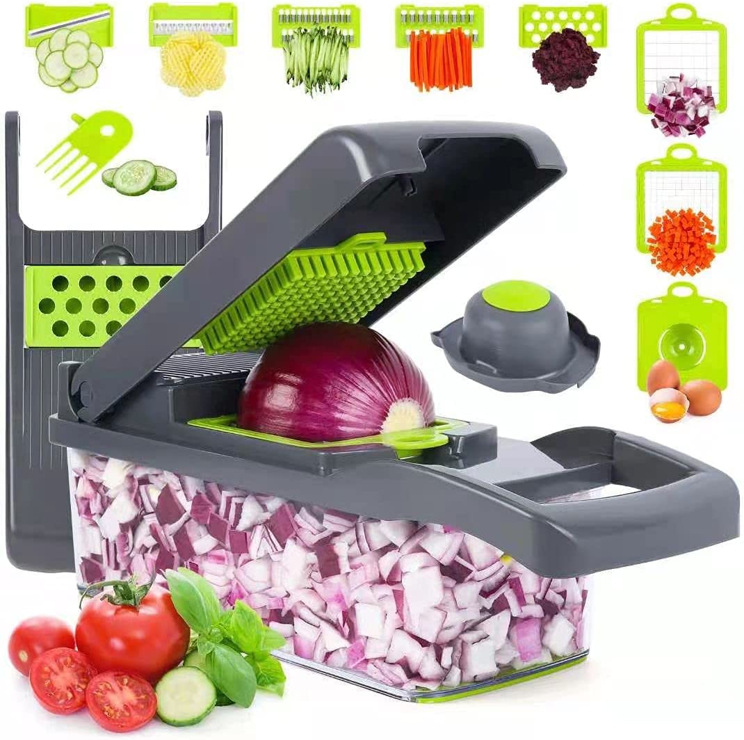 Vegetable Chopper Multi-functional Food Chopper with Large Container,  Adjustable Slice Thickness, and Safe Removable Blades for Easy Cleaning  (Grey)