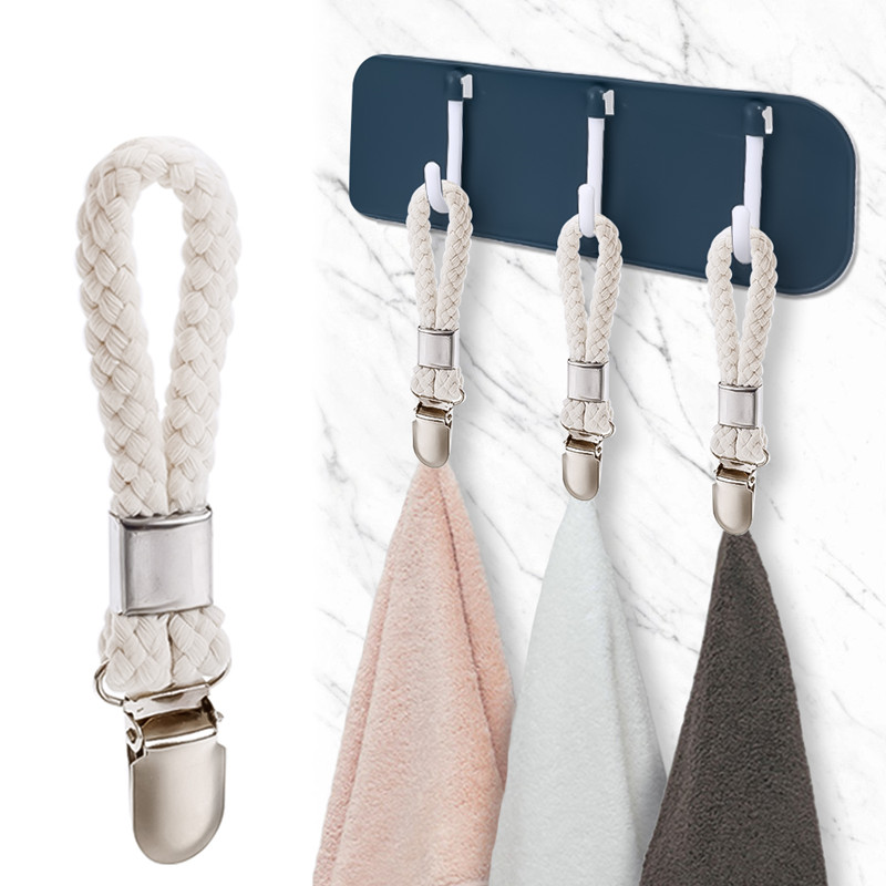 4pcs chic braided rope towel clips with   metal clamps ideal for kitchen bathroom storage   holds towels and clothes space saving design clothes hanging clips braided   sturdy metal clamp clothes pins details 1