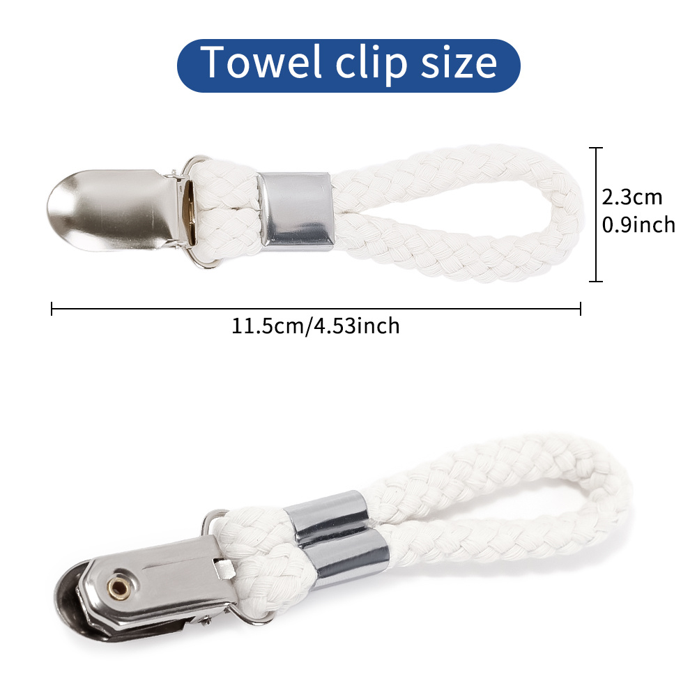 4pcs chic braided rope towel clips with   metal clamps ideal for kitchen bathroom storage   holds towels and clothes space saving design clothes hanging clips braided   sturdy metal clamp clothes pins details 5