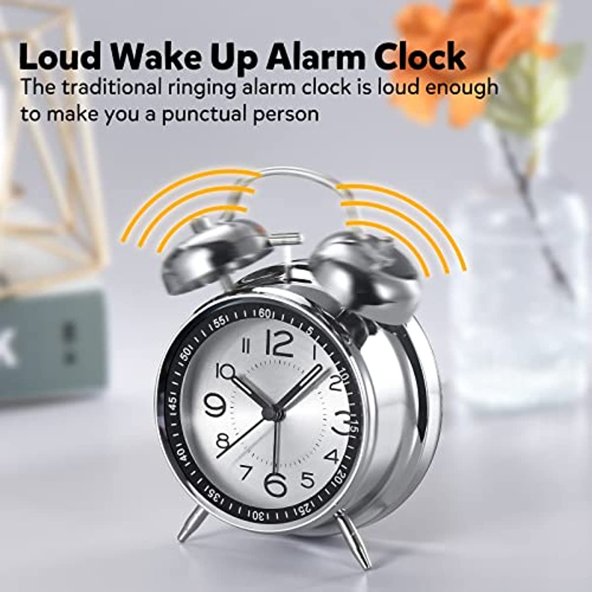 Reloj despertador alto para adultos que duermen pesadamente, retro de 4  pulgadas, silencioso, sin tictac, de cuarzo, con luz de fondo, doble  campana