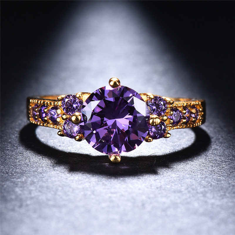 Boho Engagement Ring Yellow Tone with Round Purple Zirconia