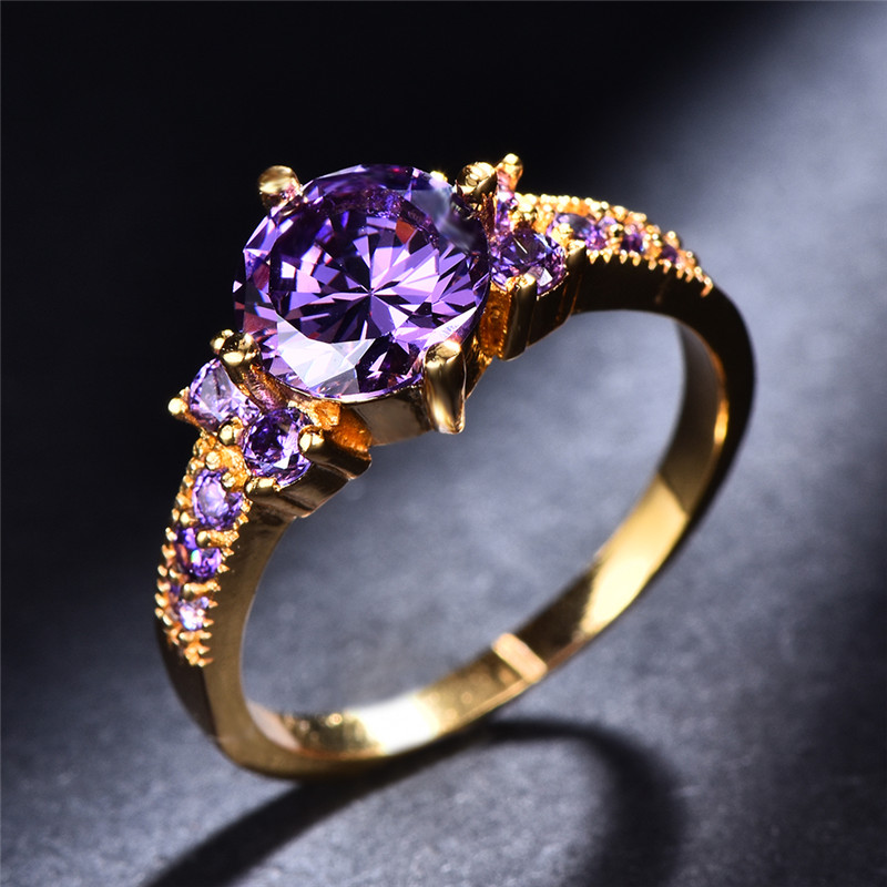 

Boho Purple Pink Zircon Ring Round Cut Plated Wedding Engagement Evening Party Ring