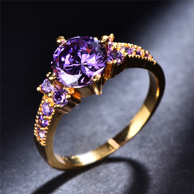 Boho Engagement Ring Yellow Tone with Round Purple Zirconia