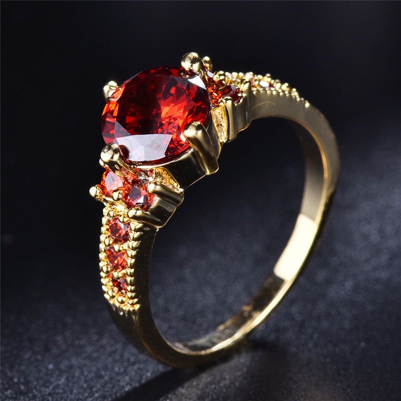 Boho Engagement Ring Yellow Tone with Round Purple Zirconia