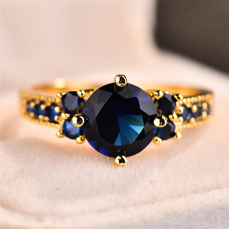 Boho Engagement Ring Yellow Tone with Round Purple Zirconia