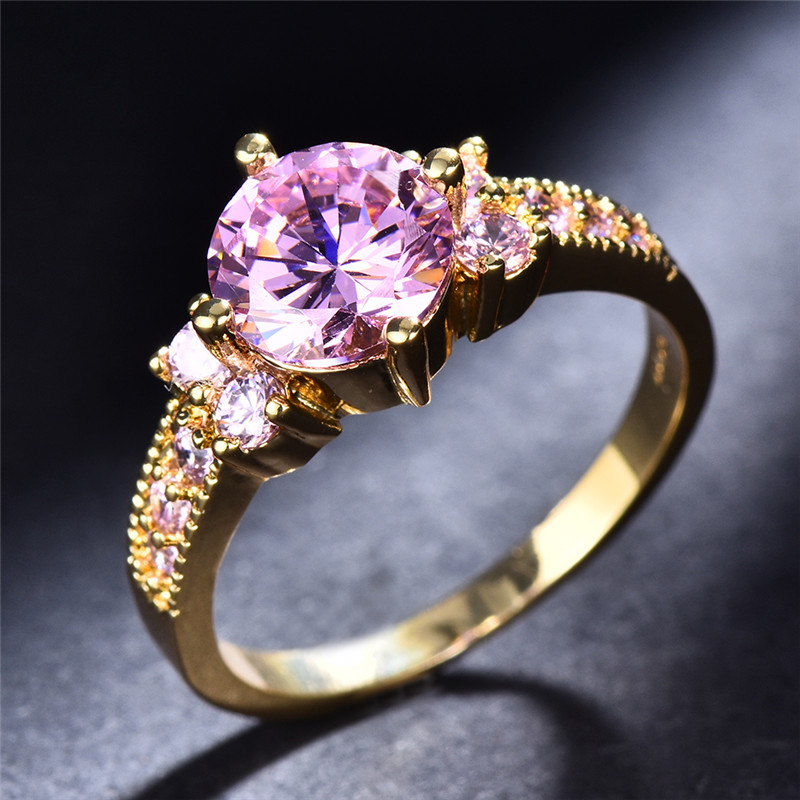 Boho Engagement Ring Yellow Tone with Round Purple Zirconia