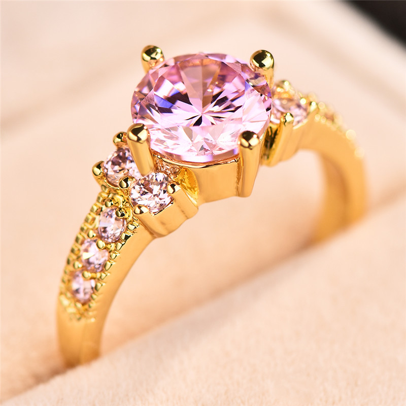 Boho Engagement Ring Yellow Tone with Round Purple Zirconia