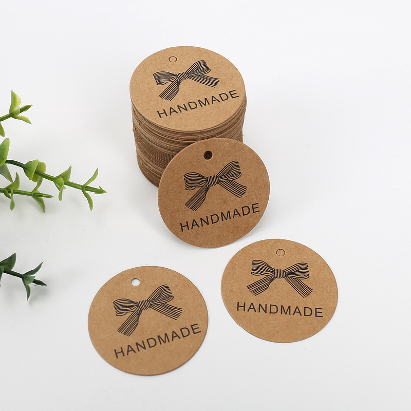 Handmade Gift Tags,100 PCS Round Handmade Kraft Hang Tags,Brown