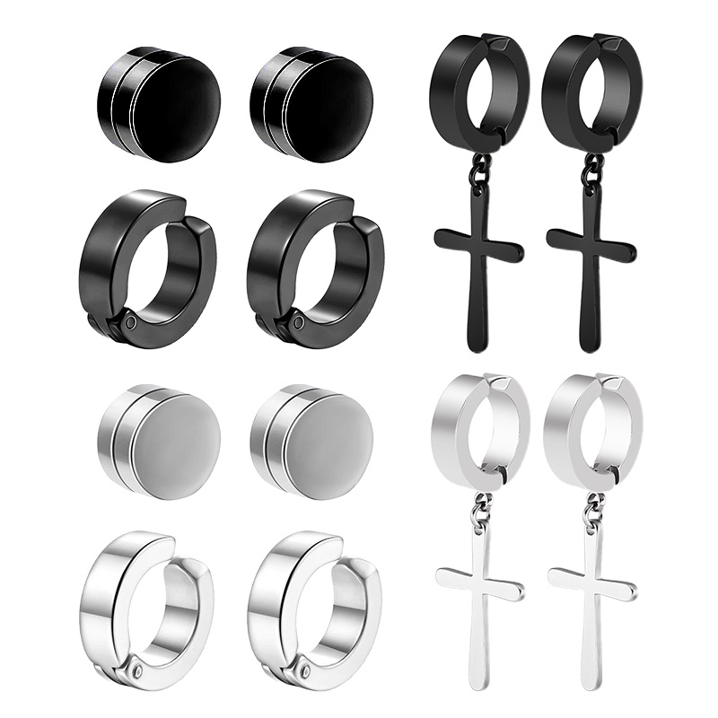 

6pairs/set Magnetic Stud Earrings, Stainless Steel Earrings, Non Pierced Ear Clips For Men & Women, Cross Dangle Hoop Earrings For Unisex